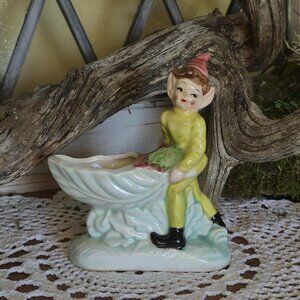 Vintage Pixie Elf & Wheelbarrow Planter